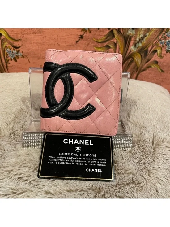 Chanel Cambon Pink Quilted Calfskin
Leather with Black Large CC Bi-fold Wallet - Picture 12 of 13